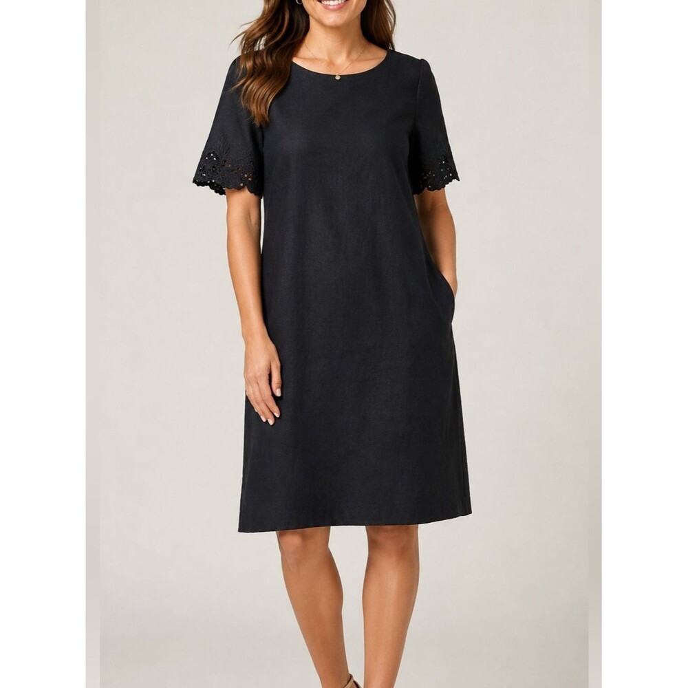 Chico's Womens Size O / S 100% Black Linen Shift Dress Cutout Embroidered Sleeve